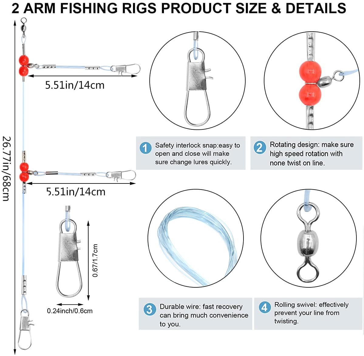 YOTO Fishing Leaders,Saltwater Tackle Rig with Swivels Snap, High-Strength Fishing Wire Gear Equipment for Lures Bait Or Hooks,1Arm and 2Arm
