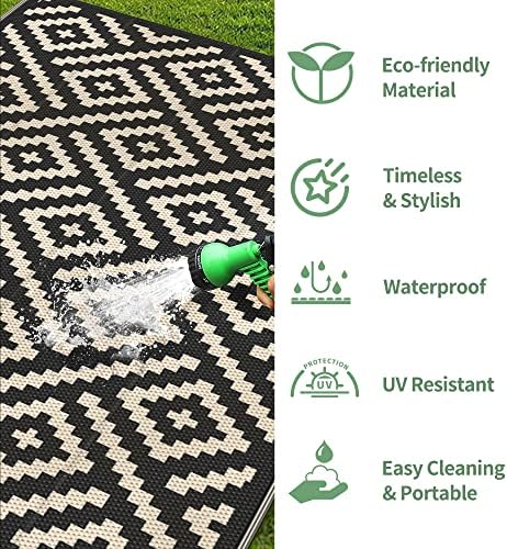 GENIMO 5x8 Outdoor Rug Waterproof, Reversible Mats, Area Rug, Plastic Outside Carpet, Geometric Rv Mat for Patio Camping Rv Picnic Backyard Deck Balcony Porch Beach Trailer (Black & Beige)
