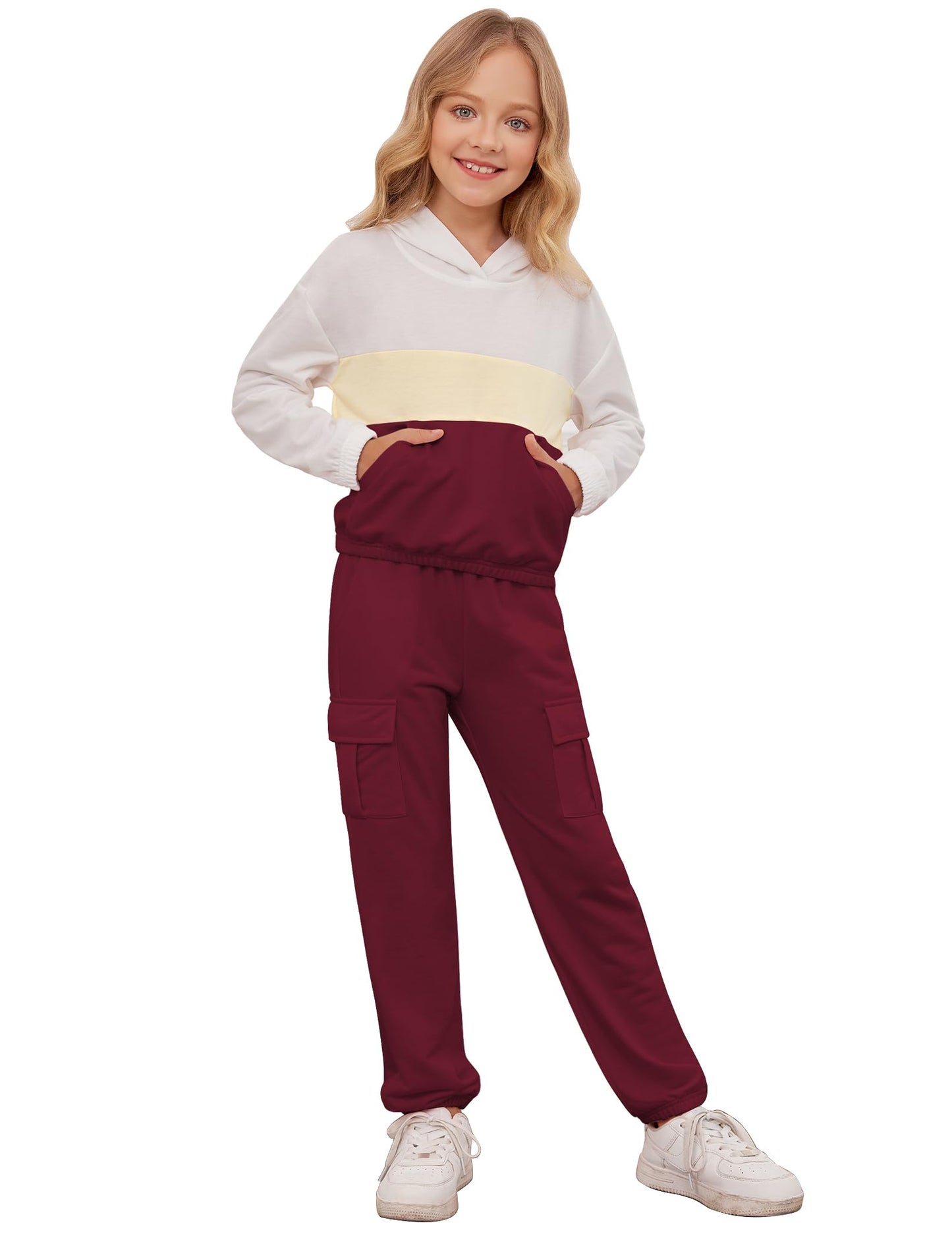 Arshiner Girl's Tracksuits 2 Piece Outfit Pullover Fall Sweatshirt And Winter Pants with Pockets Elastic Waist Sweatsuits Wine Red