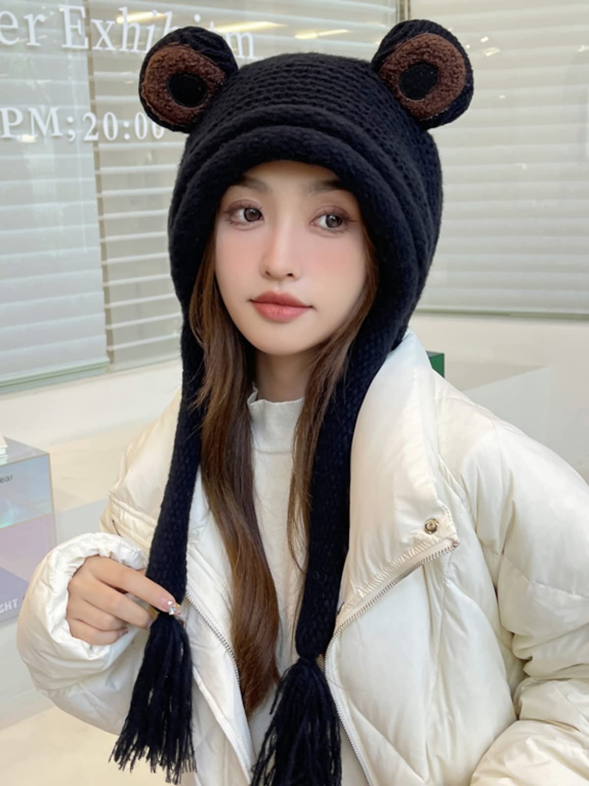Frog Hats Adult Cute Beanie Crochet Knitted Hat Big Eye Frog Winter Ear Warmer Protective Beanie Hats Caps Outdoors Autumn Black
