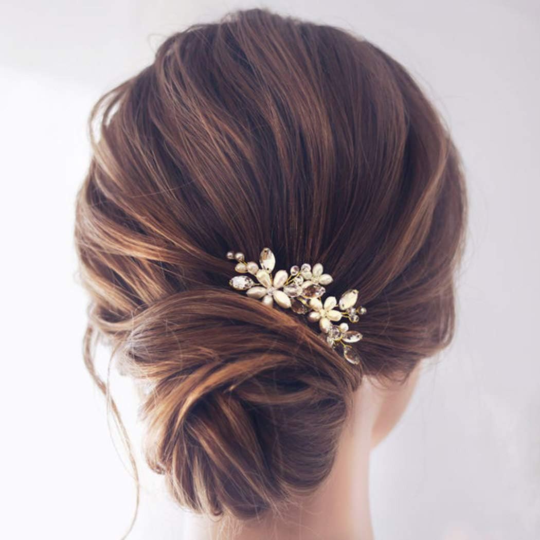 JAKAWIN Bride Wedding Pearl Hair Pins Rhinestone Flower Hair Piece Dressy Bridal Hair Accessories for Women HP065 (Gold)