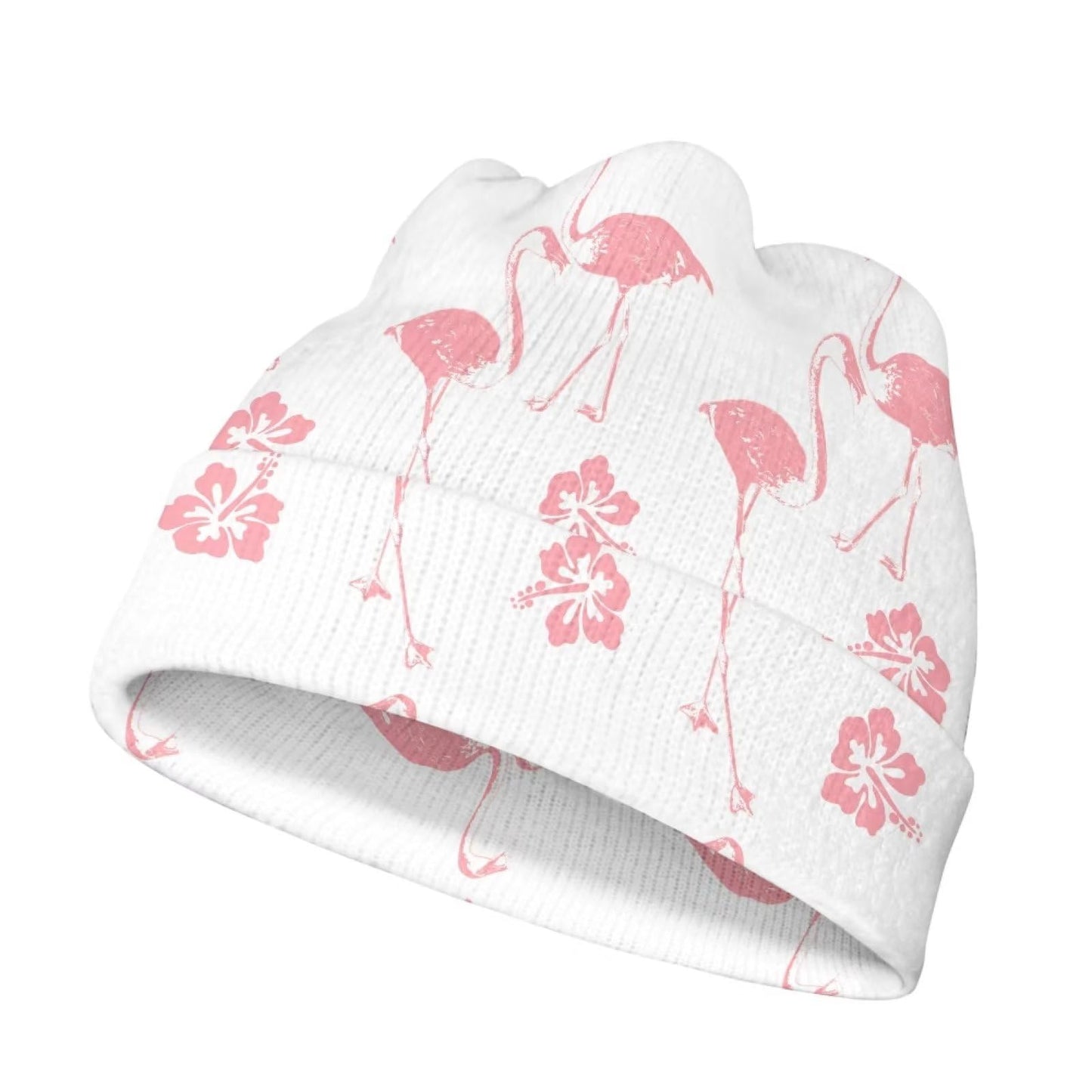White Pink Flamingo Floral Print Knitted Beanie Winter Hats Thick Warm Beanies Snow Hats Skull Cap for Women Men Outdoor Ski Knit Cap
