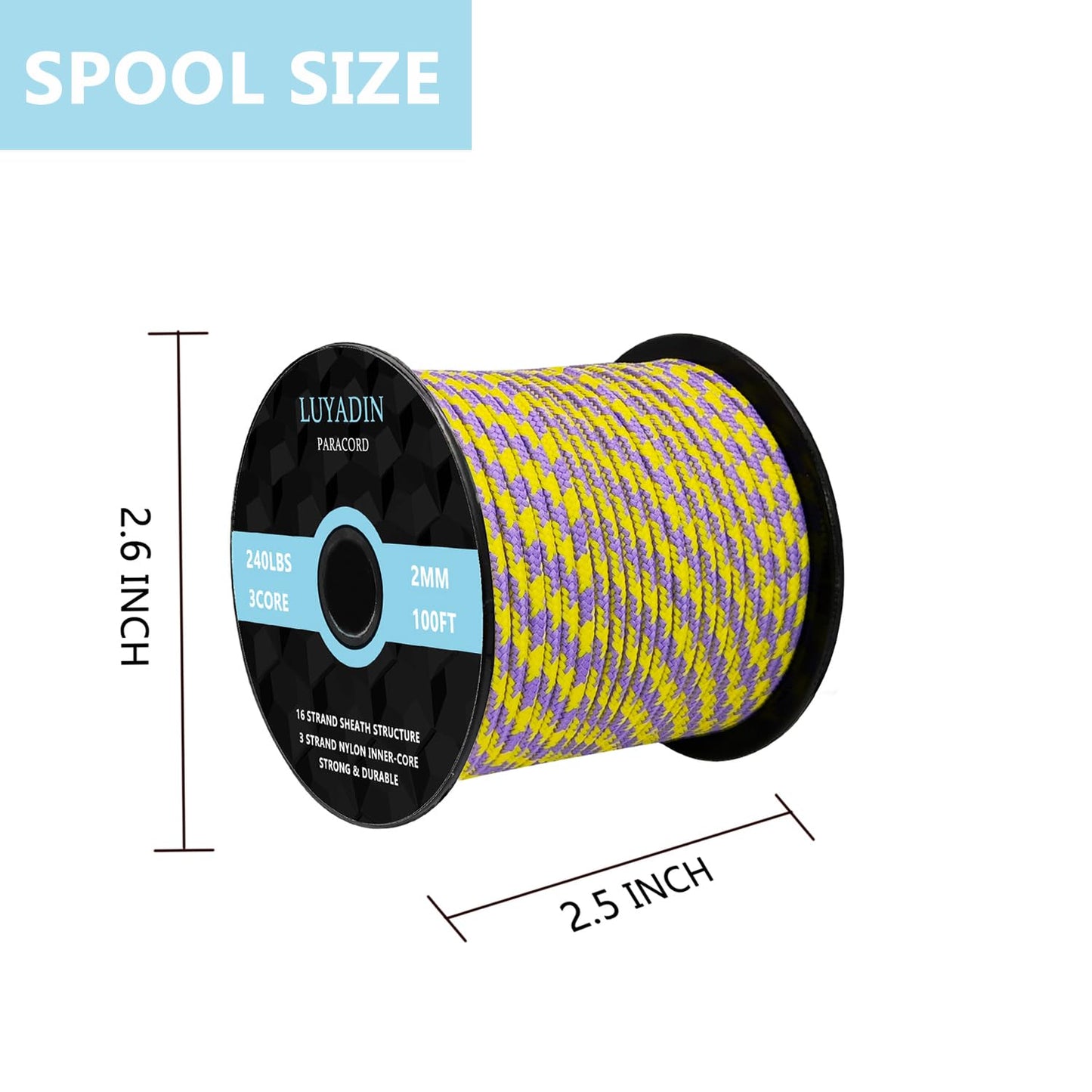 LUYADIN Paracord 240lb - Diameter 2mm Micro Utility Cord -3 Strand Parachute Spool Cord - 100ft 200ft,Paracord for Camping,Hiking,Fishing,Outdoor and DIY