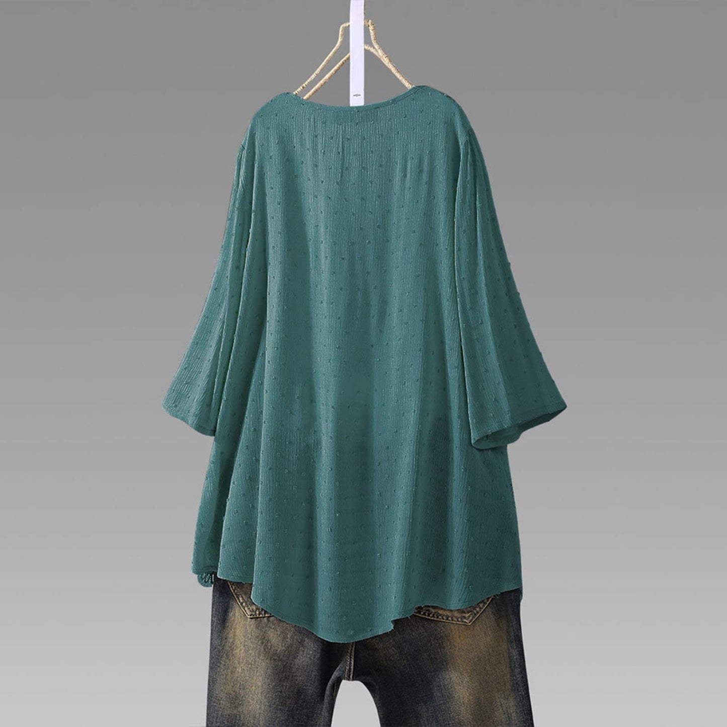 Aniywn Women Round Neck Lace Up Lace Patchwork Flare Pullover Top Casual Plus Size 3/4 Sleeve Floral Printed T-Shirt