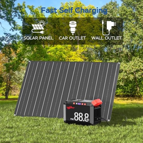 POWSTREAM 80W Solar Powered Generator with Panels 21W Included, 88.8Wh Lithium Battery Portable Power Station with AC Outlet 120W Peak Fast Charging 110V for Camping Outdoor Home Backup Backup RVs