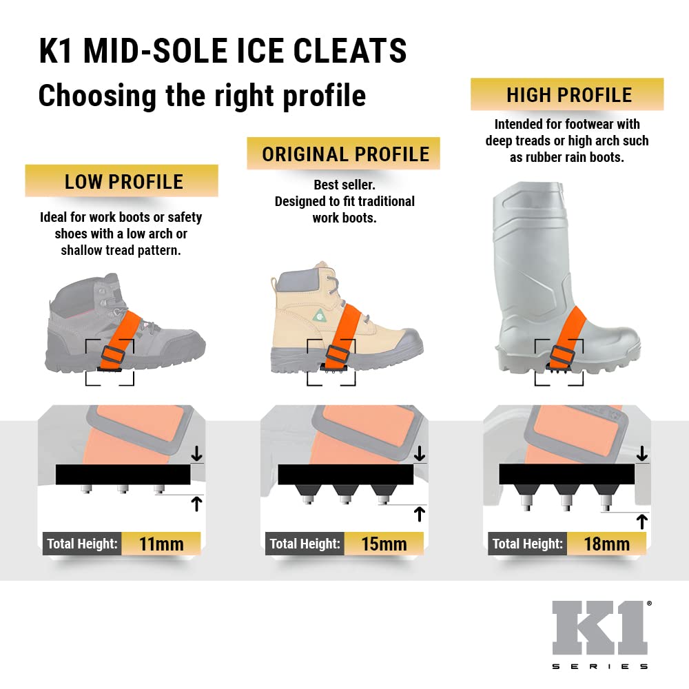 K1 Mid-Sole Ice Cleats - Rotatable Traction Aids For Shoes/Boots - Indoor/Outdoor, Climbing, Driving - High Profile - Black