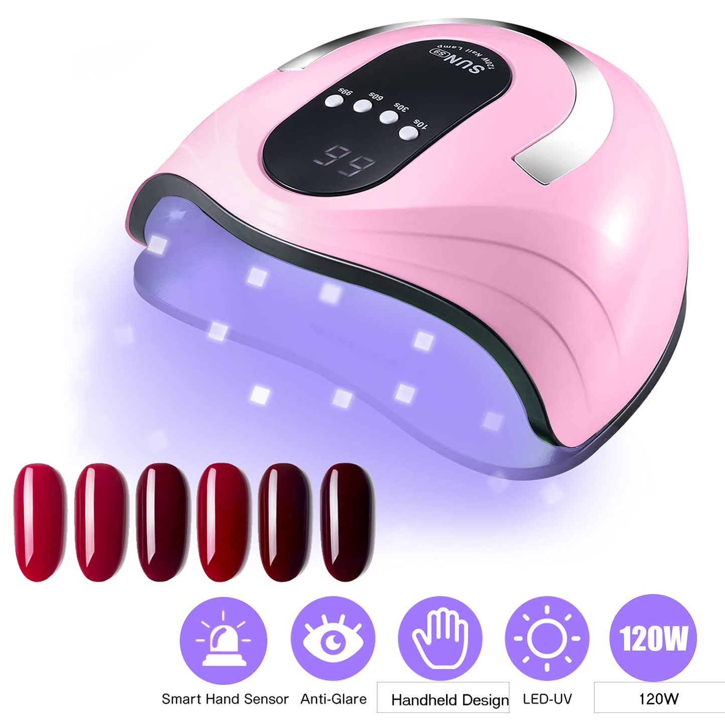 Sunrich UV Gel Nail Lamp 120W LED Nail Light Fast Nail Dryer for Gel Polish Curing with 4 Timers Portable Handle Large Space Automatic Sensor(Pink)