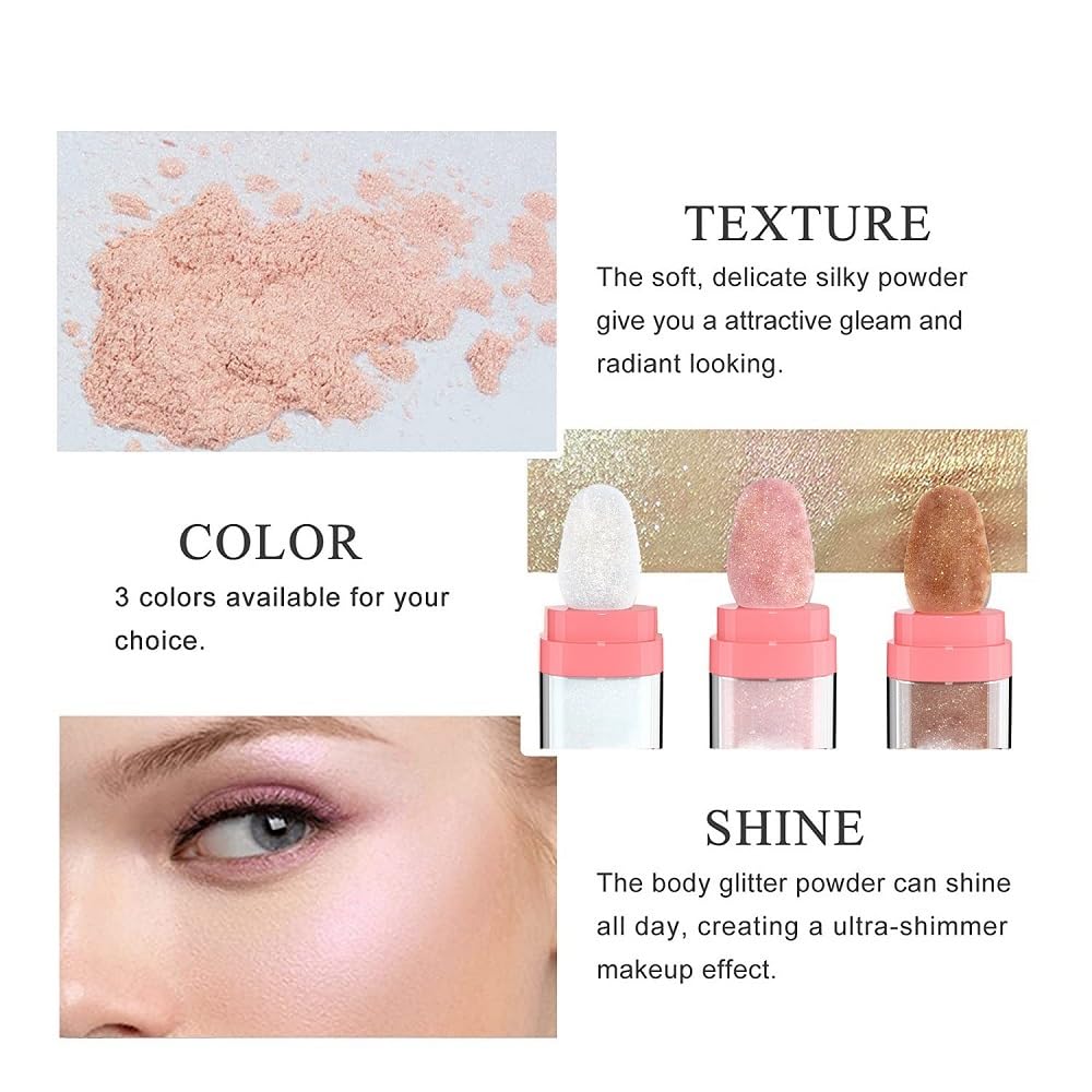 3 Color Glitter Powder Highlighter Makeup, Body Brightens the Natural Three-dimensional Face Blusher Patting Powder Highlighter. (01-White moonbeam&04-Green& 05-Gold)
