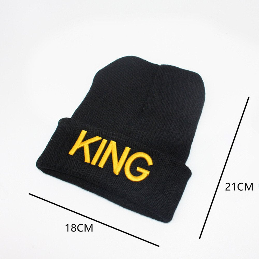 MIUNIKO 2PCS Fashion King and Queen Skullies Hood Winter Warm Caps Sport Beanie Hats for Couples (Yellow)