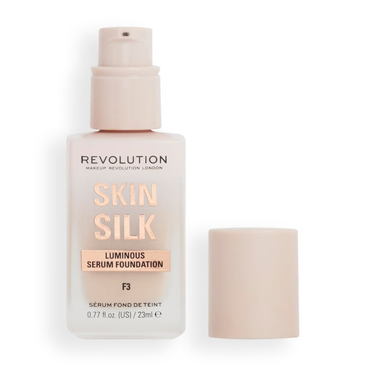 Revolution Beauty, Skin Silk Serum Foundation, Light to Medium Coverage, Lightweight & Radiant Finish, Contains Hyaluronic Acid, F3 Light Skin Tones, 0.77 Fl. Oz.