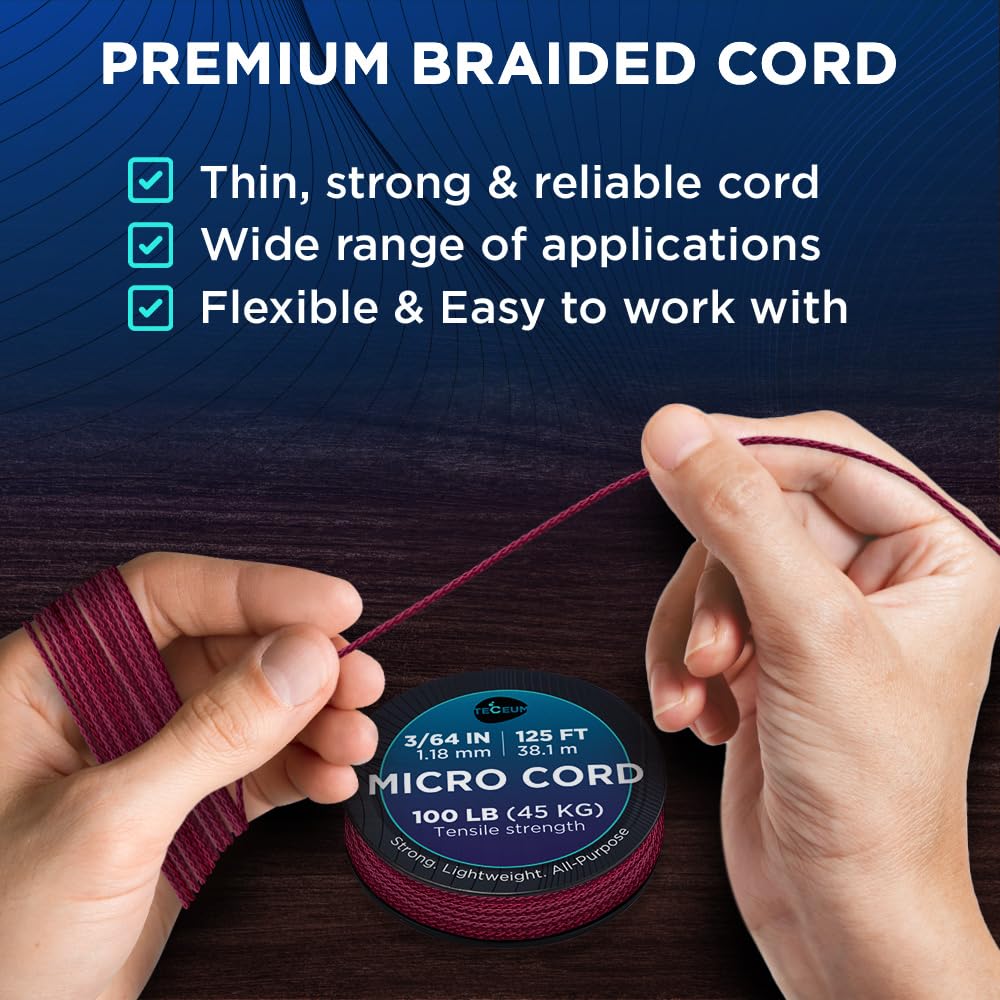 TECEUM Micro Paracord – Maroon – 1.18 mm x 125 ft – Micro Utility Cord – Thin Braided Paracord Rope Nylon Polyester – Wind Chime Replacement – Survival Strong String 019с