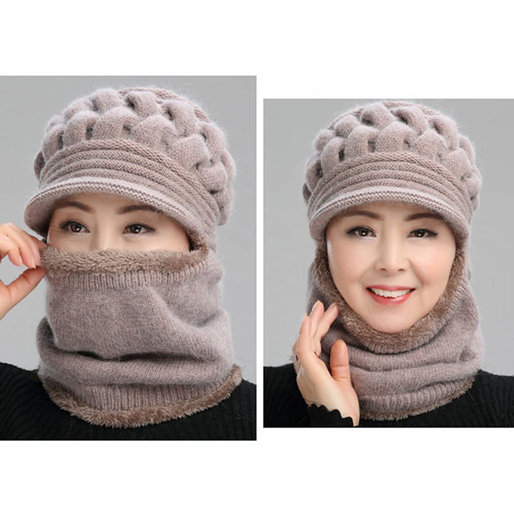 Womens Winter Warm Elastic Soft Ear Protection Knitted Scarf Mask hat Fleece Lined Beanie Hat one-Piece hat