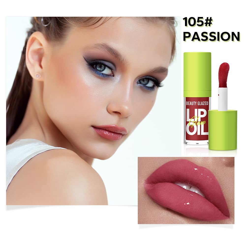 Beauty Glazed Big Brush Head Lip Oil, Ultra-Hydrating & Nourishing, Smooth Glossy Finish Lip Glow Oil, Shiny and Vegan Tinted Lip Gloss, Non-Sticky Formula (1, 105# PASSION)