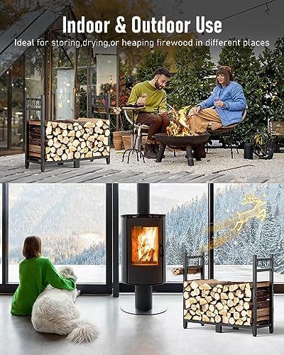 Brightown Firewood Rack Indoor with Log Carrier, 34inch Outdoor Wood Rack for Firewood,Fire Wood Storage with Kindling Hooks, Adjustable Pads, Heavy Duty Logs Holder for Fireplace Deck Outdoor, Black