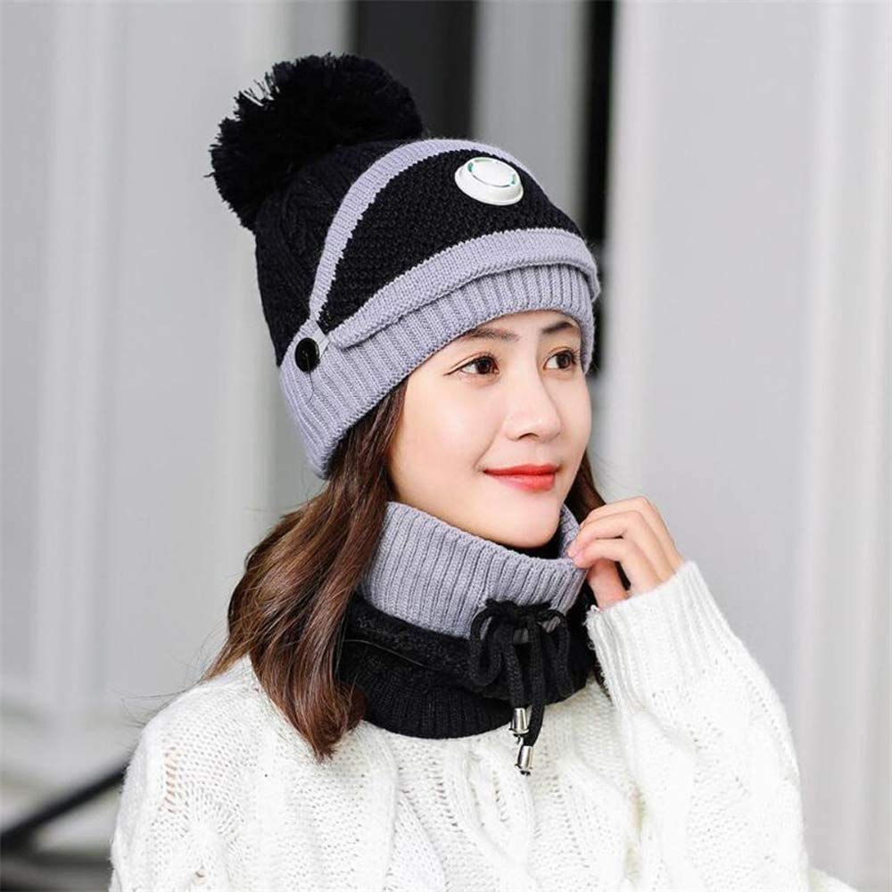 3pcs/Set Fashion Women Winter Knitted Hat Thickened Woolen Cap with Warm Mask and Neck Scarf (Black2)