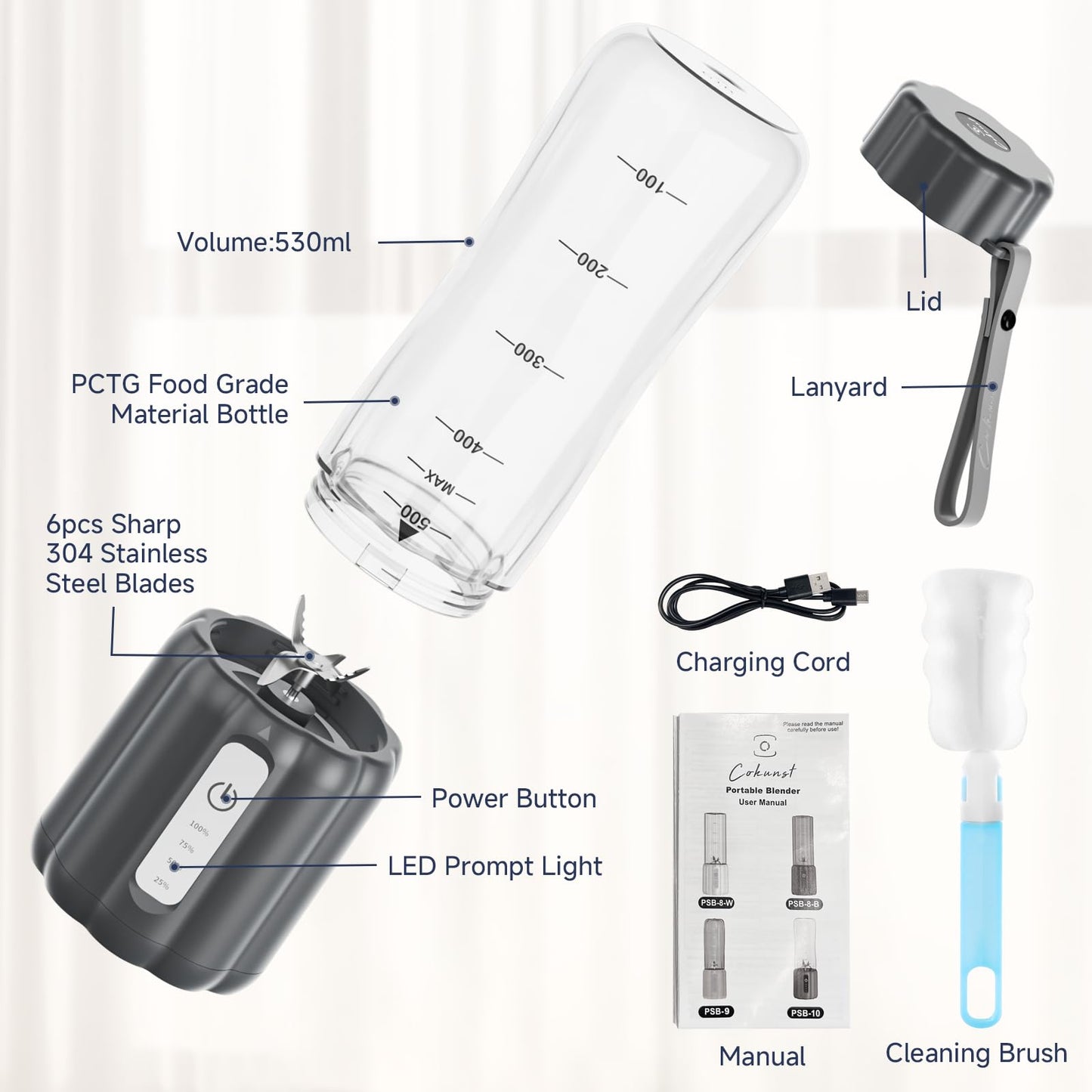 COKUNST Portable Blender, 17Oz Personal Blender for Shakes and Smoothies, USB Rechargeable Mini Mixer with 6 Blades, Smoothie Blenders Juicer with Extra Handle Lid for Travel Kitchen Outgoing