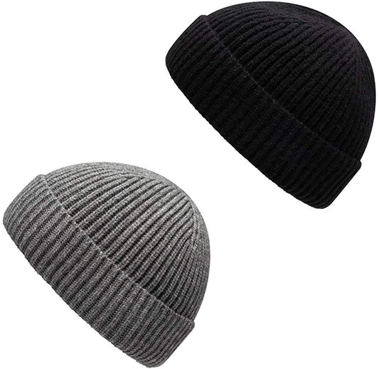 TOPSEM 2 Pieces Trawler Beanie Watch Hat Roll up Edge,Winter Warm Knit Beanie Caps,Skullcap Fisherman Watch Beanie Unisex for Men Women,Soft and Durable(Black+Grey)