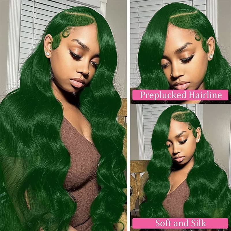 Colorful Bird 30 Inch Dark Green Lace Front Wigs Human Hair Body Wave 13x4 HD Lace Frontal Wig Pre Plucked with Baby Hair Green Lace Front Human Hair Wigs Glueless 150% Density