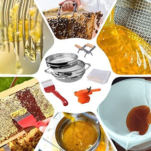 MayBee Double Sieve Honey Harvesting Kit for Beekeepers, Beekeeping Starter Kit Set of 5, Double Sieve Honey Strainer Stainless Steel, Frame Grip, Uncapping Fork, Honey Gate, Honey Filter Bag