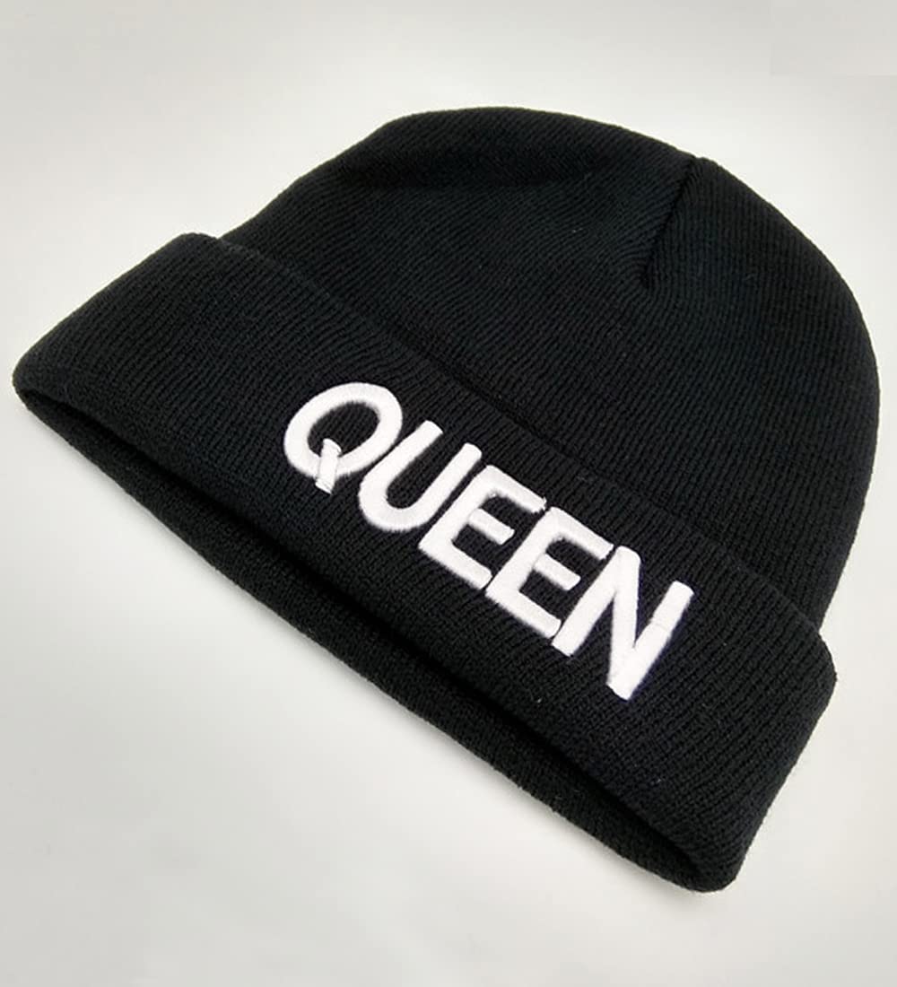 YIQAUMA King and Queen Beanies Couple Skullies Knit Hats with Queen King Necklaces (Black), One Size