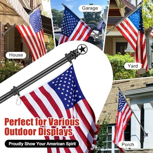 American Flag with Pole Kit - 5ft Heavy Duty Stainless Steel Flagpole for Outside House,3x5 Embroidered US Flags,Tangle-Free Outdoor, Metal Holder Mount Bracket for Residential Porch,Wall -Black