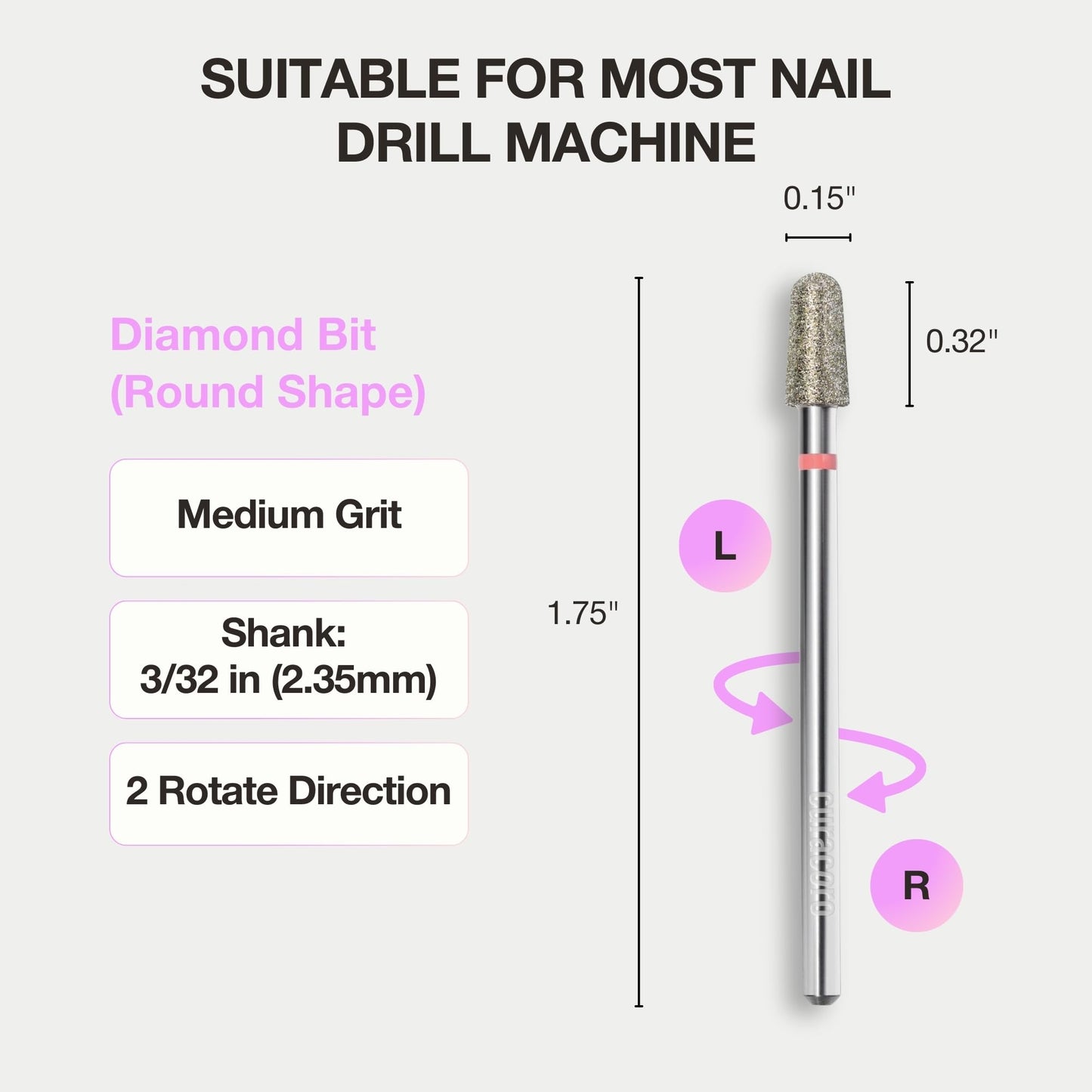 Curacoro Cuticle Nail Drill Bit 3/32'' - 4.0mm Conical Round Shape Diamond Bit (Medium) for Professional Finish, Refine & Smooth Acrylic or Gel Nails, Nail Art Pedicure Manicure Salon & Home