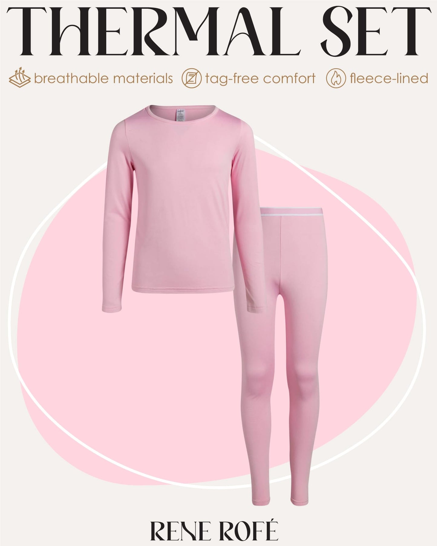 Rene Rofe Girls' Thermal Set - 2 Piece Fleece Lined Breathable Top and Long Johns - Thermal Underwear for Girls (2T-16), Size 4T, Pink