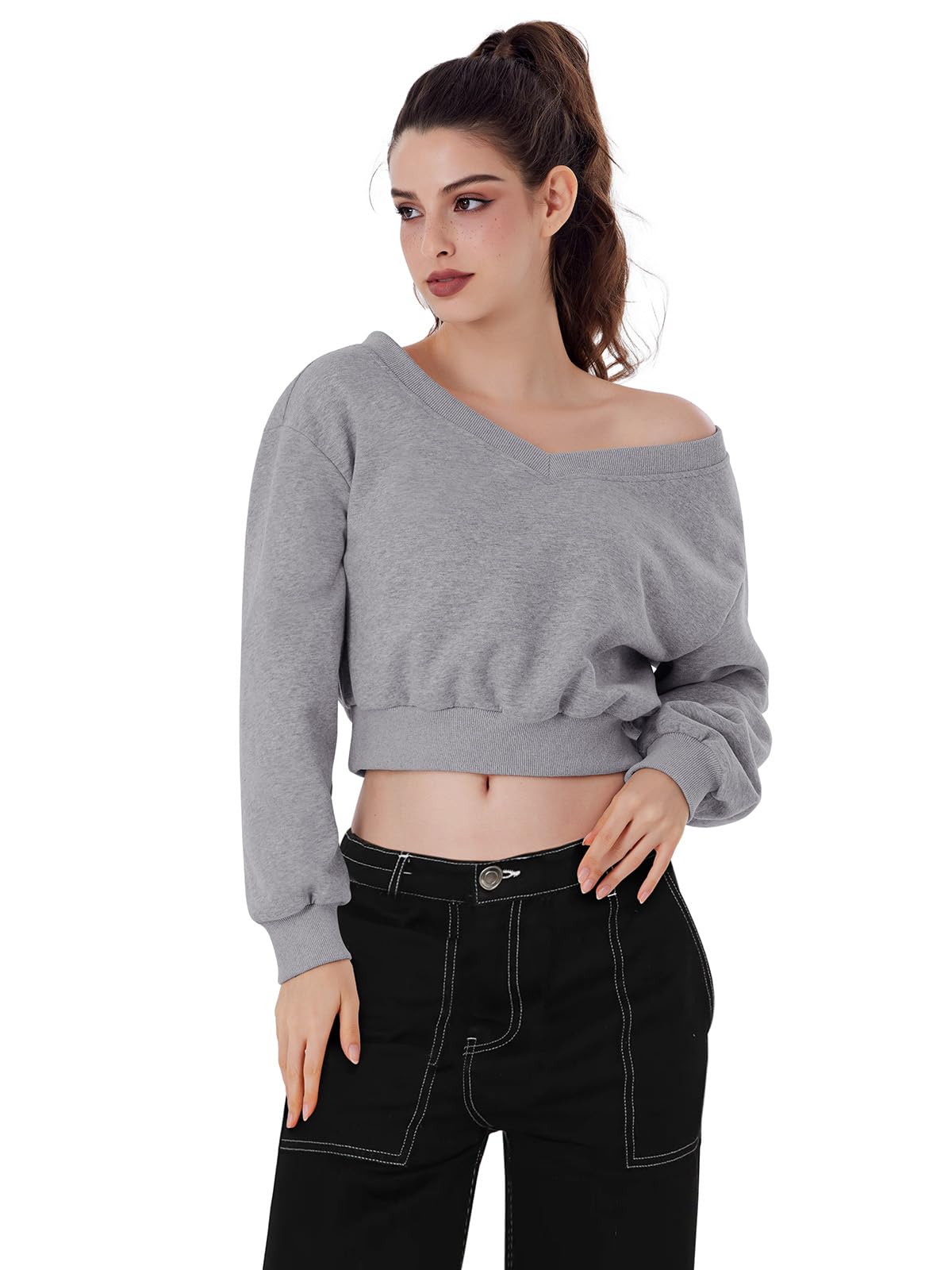 REORIA Womens Cropped Oversized Sweatshirts V Neck Long Sleeve Pullover 2024 Fall Teen Girls Y2K Fashion Crop Tops Grey