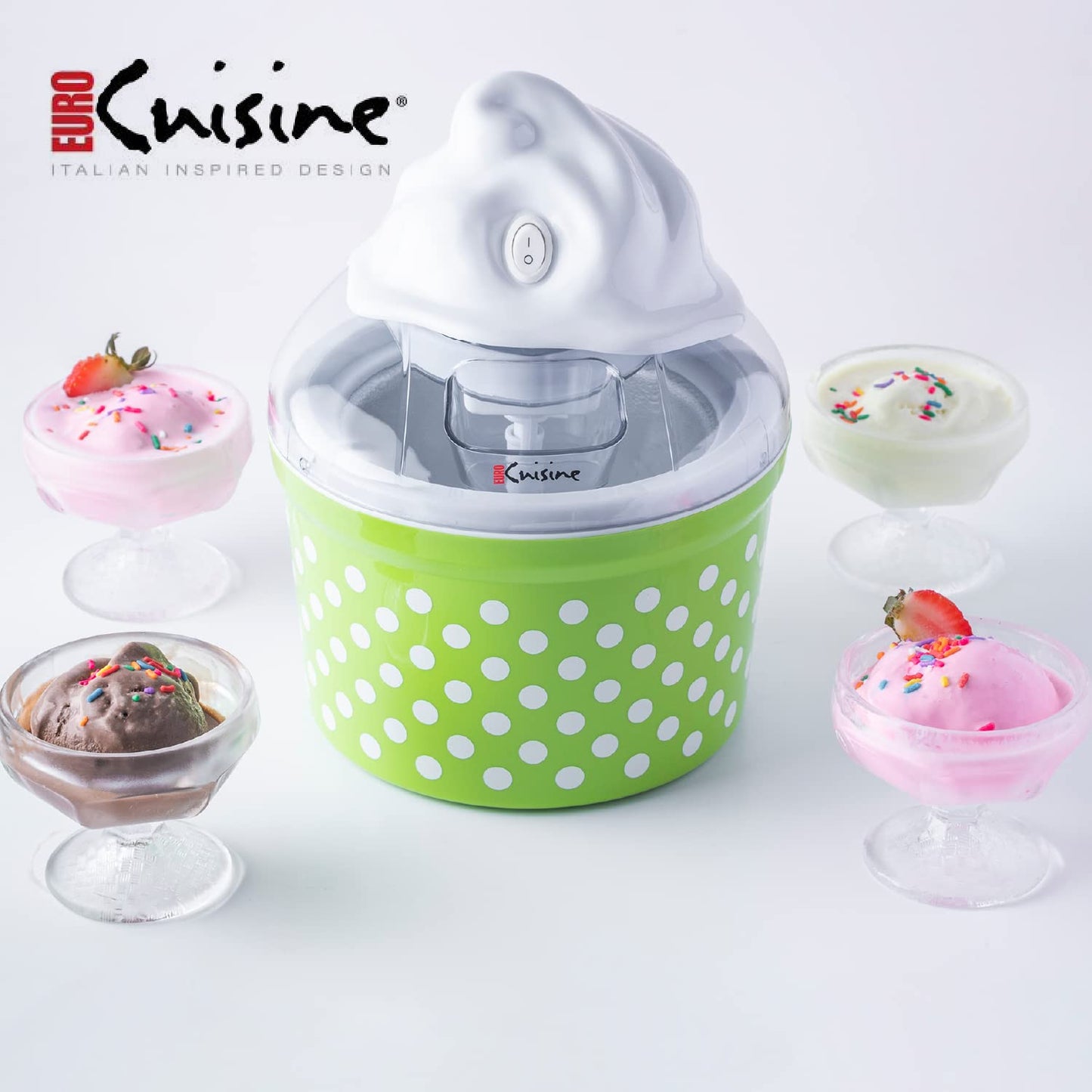 Euro Cuisine Ice Cream, Sorbet & Frozen Yogurt Maker, Homemade Gelato & Soft Serve Kids Ice Cream Maker Machine with 4 Glass Cups - Double-Insulated Freezer Bowl, Mixing Paddle, Lid - 1.5 Quart