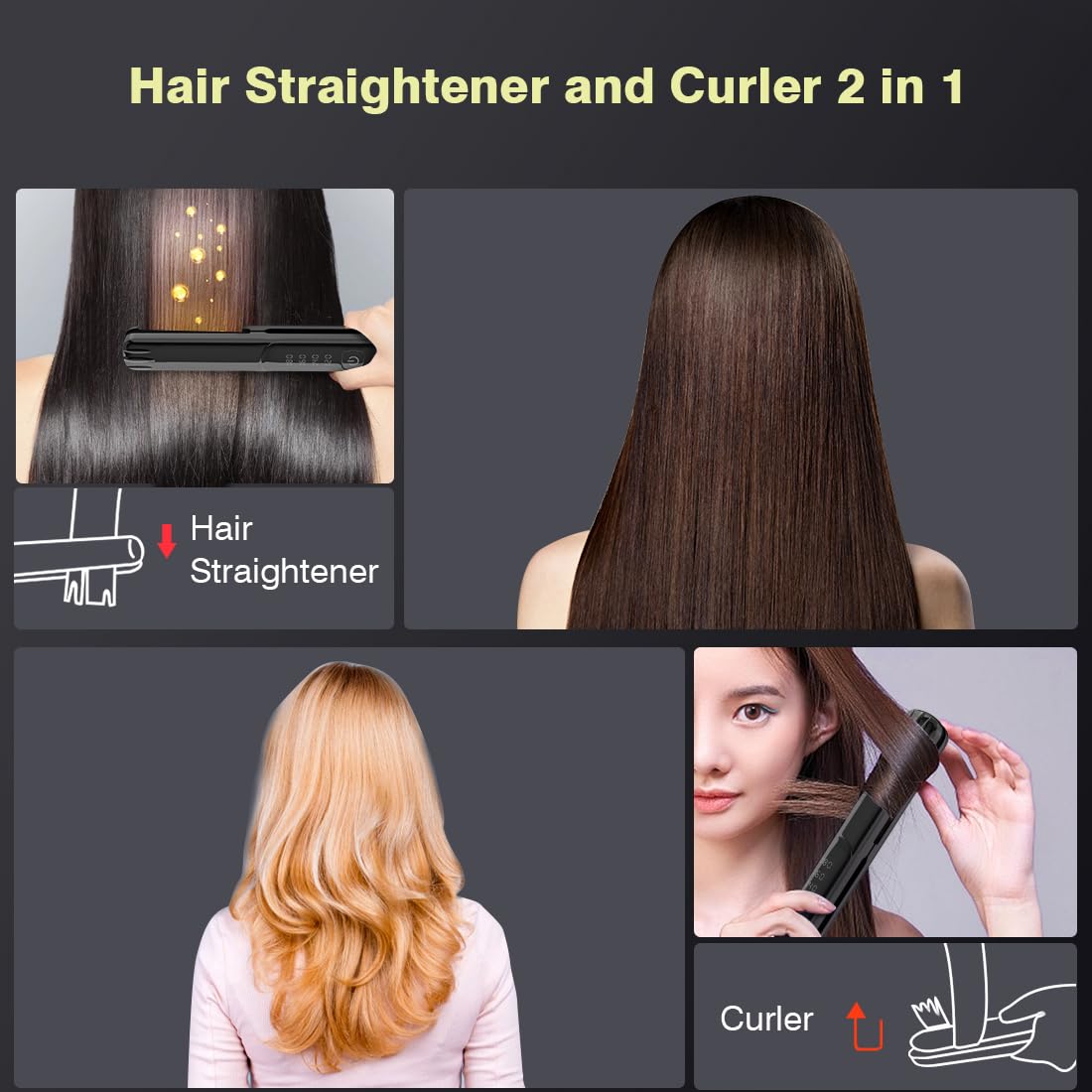 Cordless Hair Straightener and Curler, 2 in 1 Portable Mini Flat Iron & Curling, Fast Heating & Titanium Plate with 4 Adjustable Temp, Travel Size and USB Rechargeable with Pouch (Black)