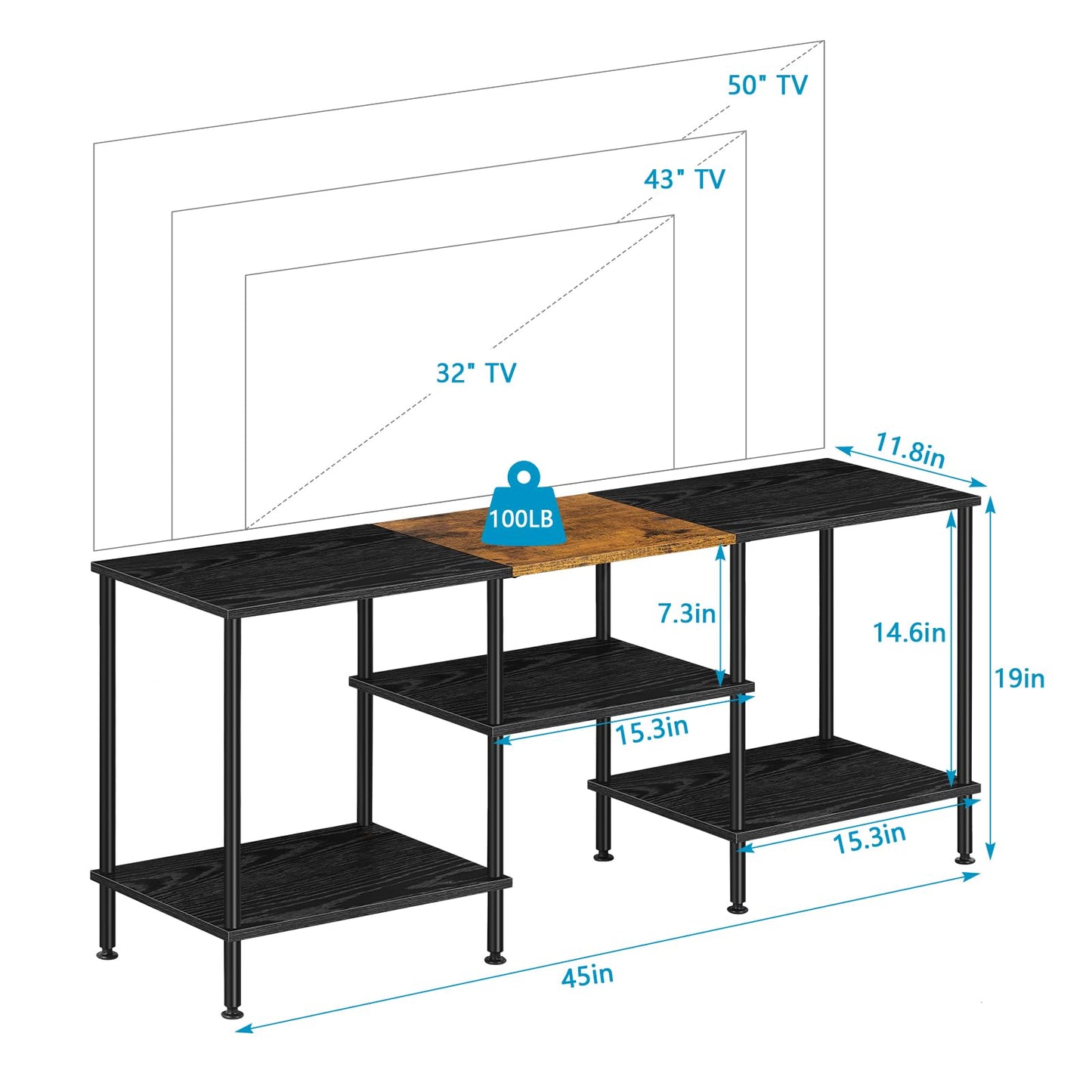 50 inch TV Stand 3 Tier Entertainment Center with Storage Shelves Small Tall Television Console Table with Metal Frame, Industrial TV Cabinet for Living Room Bedroom, Black