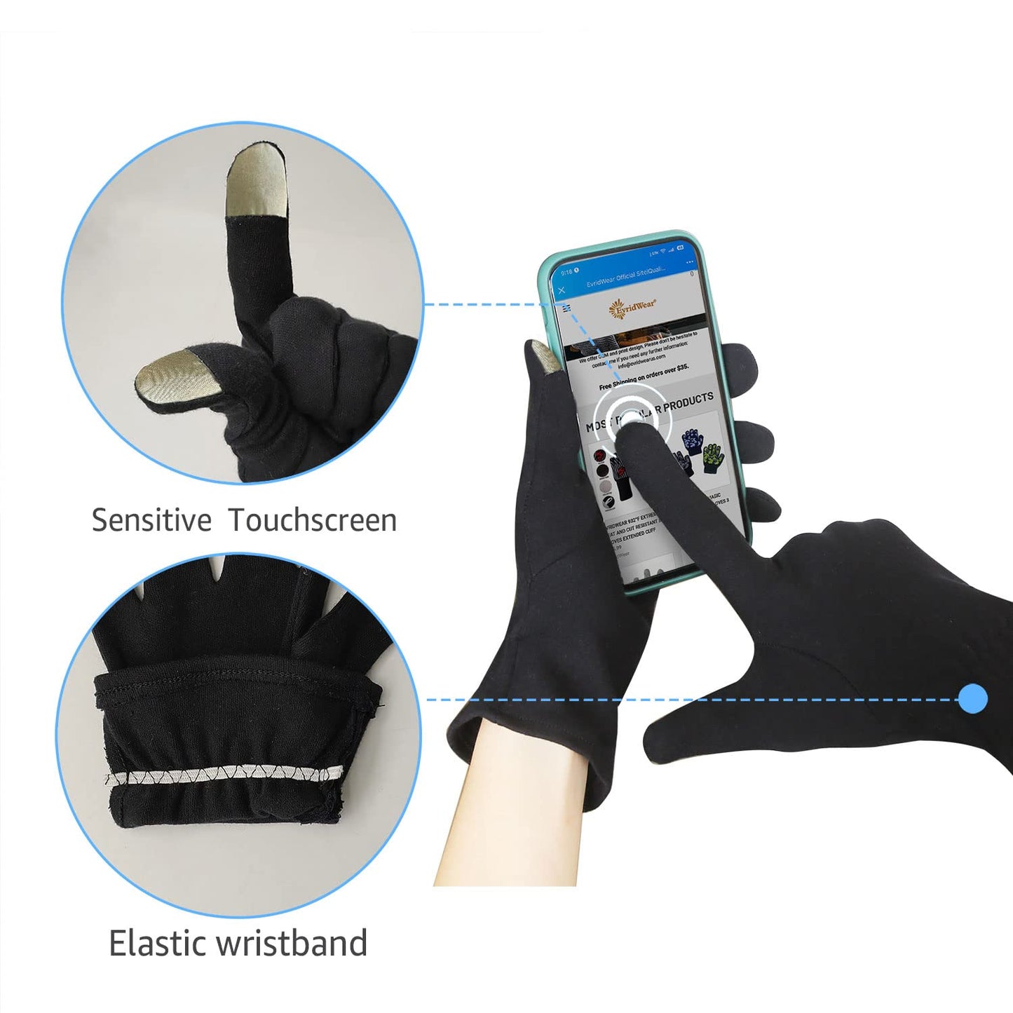 EvridWear 100% Cotton Touchscreen Moisturizing Beauty Gloves with Elastic Cuff, Natural Cosmetic Therapy Gloves for Eczema SPA Dry Hands Care Overnight (Black, Medium) 2 Pairs