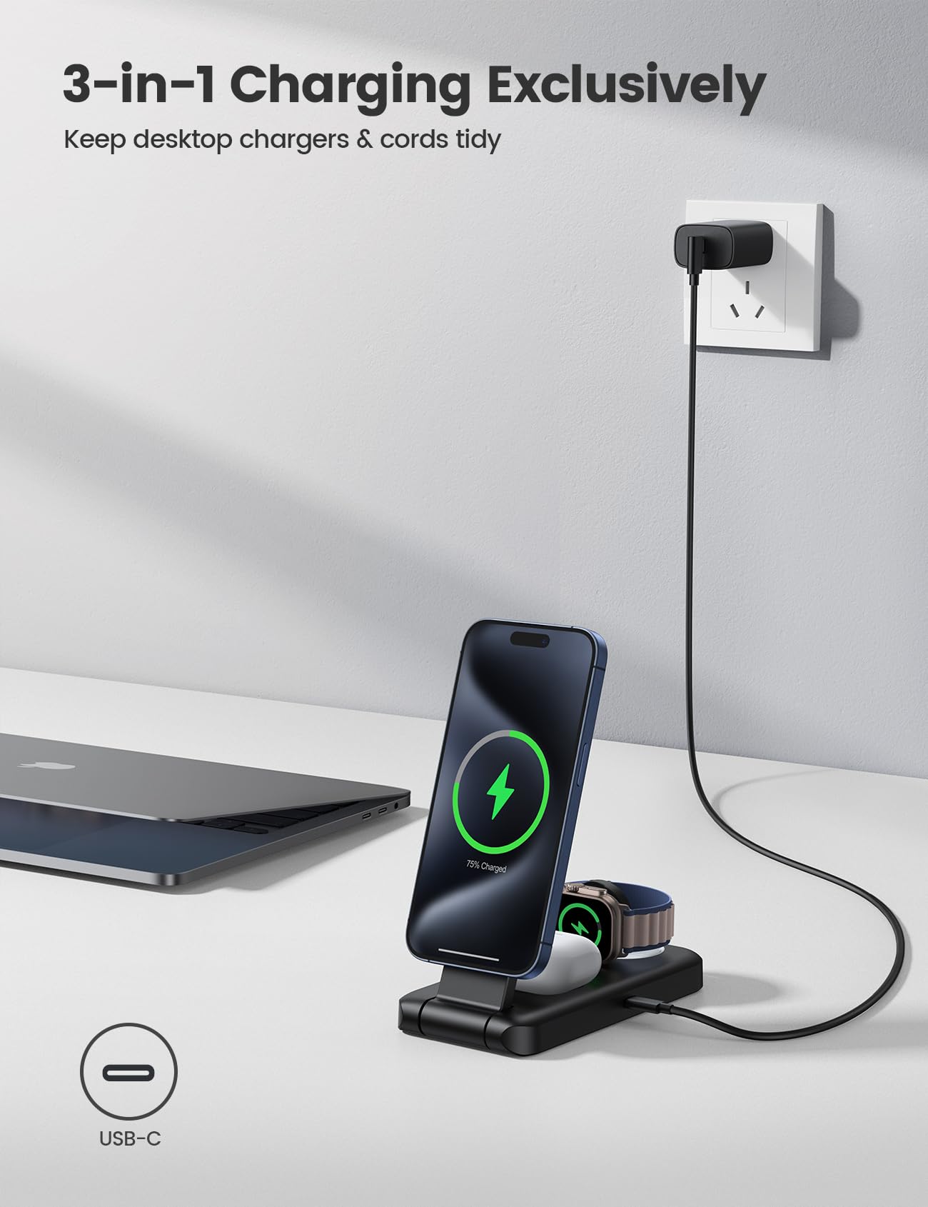 Lamicall 3 in 1 Charging Station for Apple, for Magsafe - Magnetic Foldable Wireless Charger Stand, Fast Charging Station for iPhone 16/15/14/13/Pro/Pro Max Apple Watch, AirPods, Foldable Travel Use