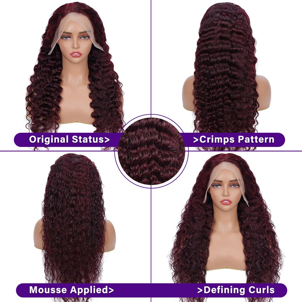 LRV 20 Inch Burgundy Lace Front Wigs Human Hair 13x4 HD Frontal Red Deep Wave Burgundy Human Hair Curly Red Lace Front Wigs for Women Pre Plucked 180 Density