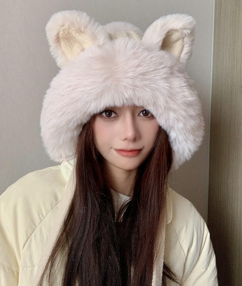 Women Cute Fox Ears Hats Furry Warm Knitted Trapper Hat Beanies Slouchy Crochet Hat Winter Cap Khaki