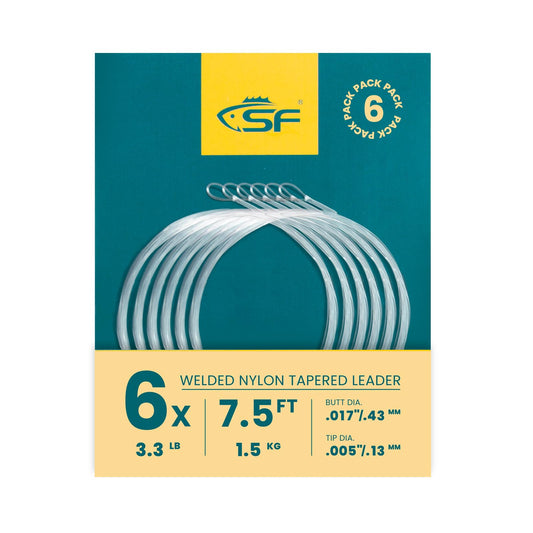 SF Welded Tapered Leader Fly Fishing with Loop Nylon 7.5ft Fishing Leader (6X 6 Pack)