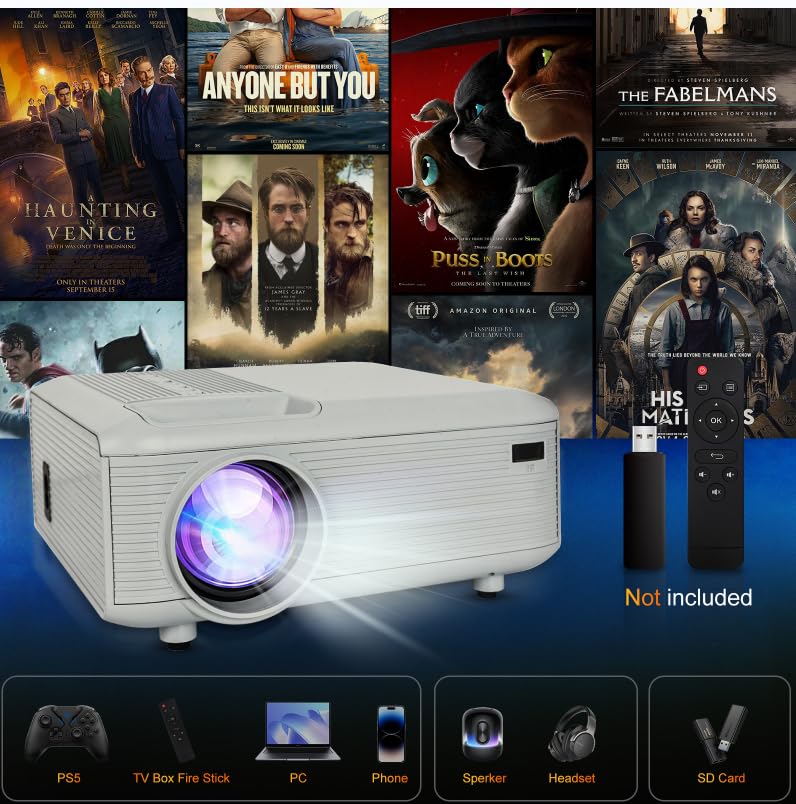 Mini Bluetooth Projector(Phone HDMI Cable Included), Portable Outdoor Projector, Native 1080P Projector, Compatible 4K, Supports Android/iPhone/TV Stick/Laptop/PS5/HDMI/USB, Indoor and outdoor use