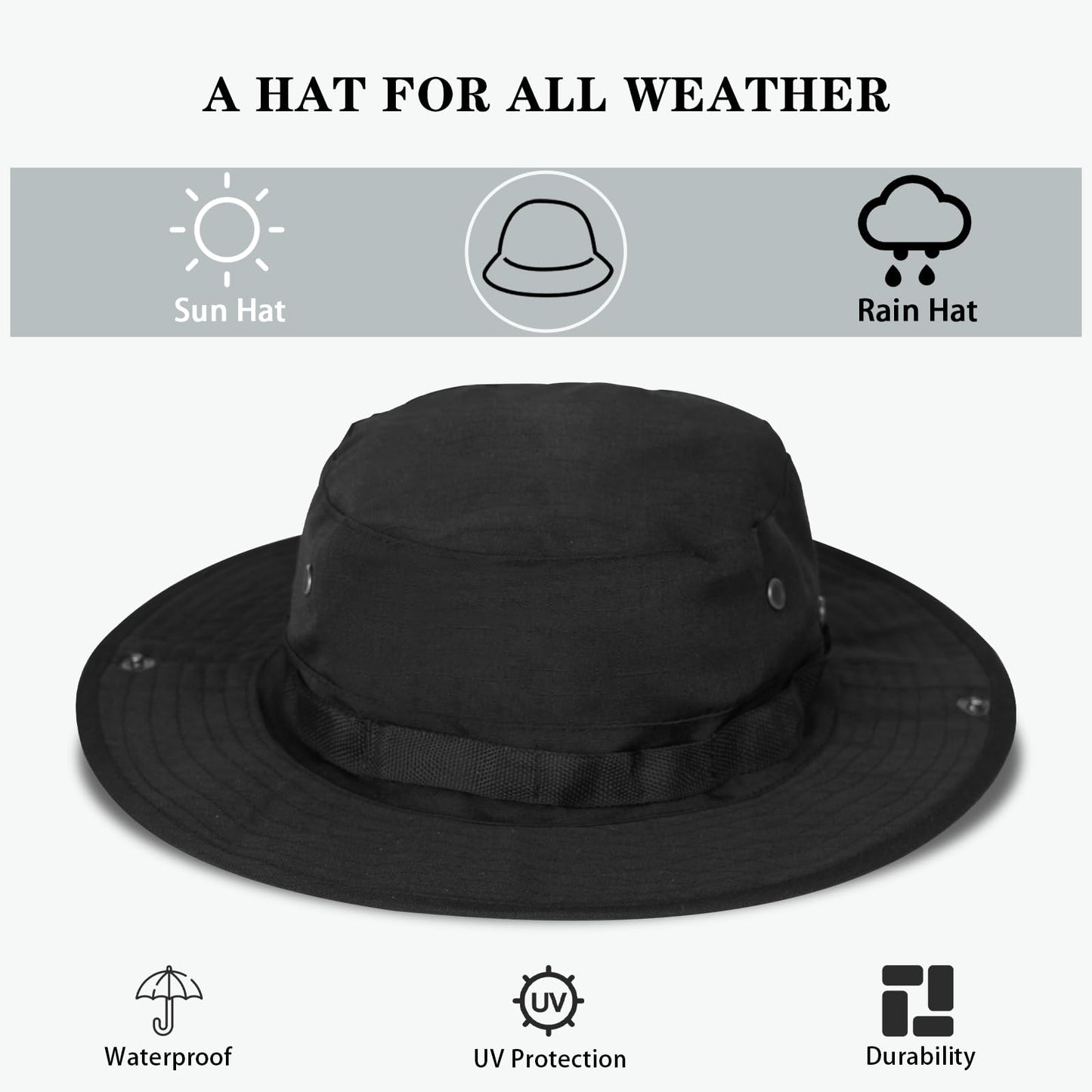 Sun Hats for Men Women Bucket Hat UPF 50+ UV Protection Boonie Hat for Safari Fishing Hiking Garden Beach Black