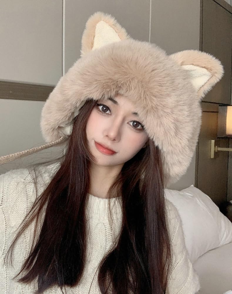 Women Cute Fox Ears Hats Furry Warm Knitted Trapper Hat Beanies Slouchy Crochet Hat Winter Cap Khaki