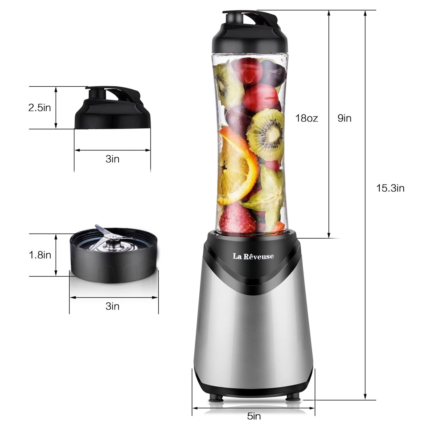La Reveuse Smoothies Blender Personal Size 300 Watts with 18 oz BPA-Free Portable Travel Sports Bottle, Silver