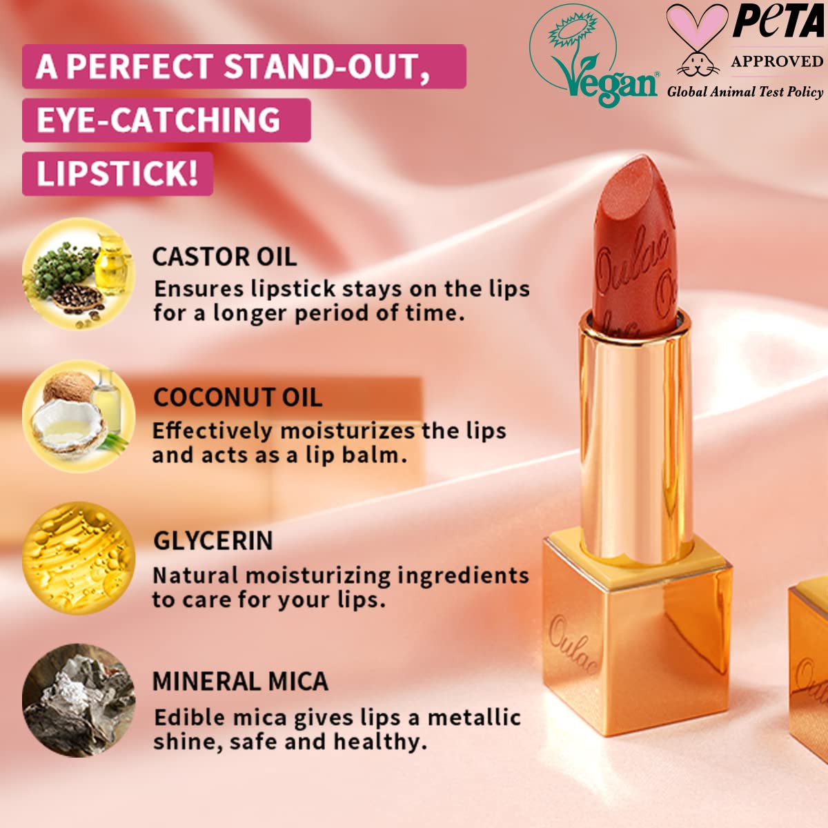 Oulac Pink Lipstick for Women with Metallic 3D Shine Lightweight Hydrating Formula, High Impact Lip Color, Full Coverage Lip Makeup, Christmas Gifts for Women, Velocity(15)