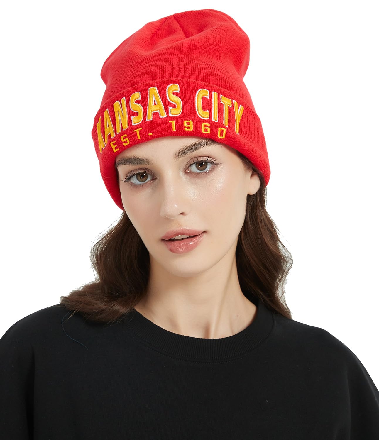 CLORPEAK Kansas City Embroidery Classic Cuff Beanie Hat Cuffed Winter Hat Knit Toque Skull Cap - Red OneSize