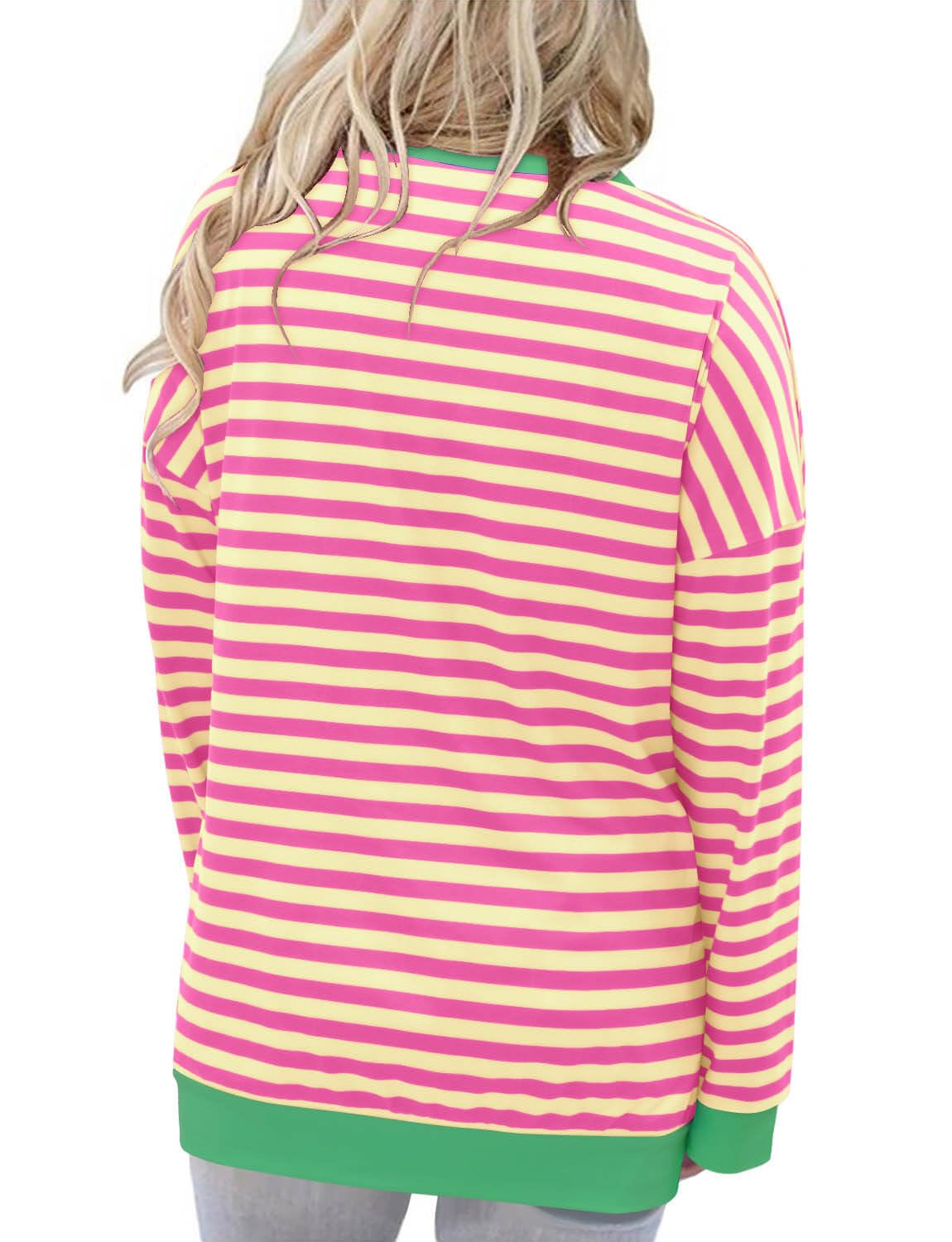 ONLYSHE Women's Long Sleeve Crewneck Shirts Loose T Shirts Striped Tops Casual Fall Spring Winter Pullover,PinkGreen,X-Large