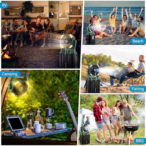 Portable Misting Fan,4 LED Lights&Stepless Speed Control & 4 Outlet Cooling Spray with 6L Bucket,Timer Function,Portable Handle,20000mAh Camping Fan for Patios/Fishing/Travel/Office Desk