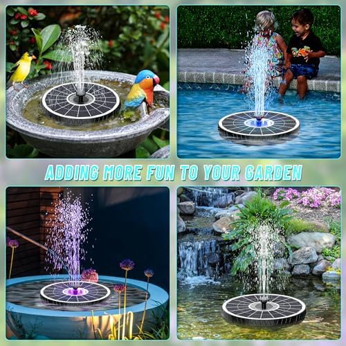 Remote Control Solar Fountain, 2025 Upgrade 6W Solar Bird Bath Fountain with 4000mAh Battery, Solar Powered Hummingbird Water Fountain Pump with Colorful LED Lights, 7 Nozzles for Garden Decor