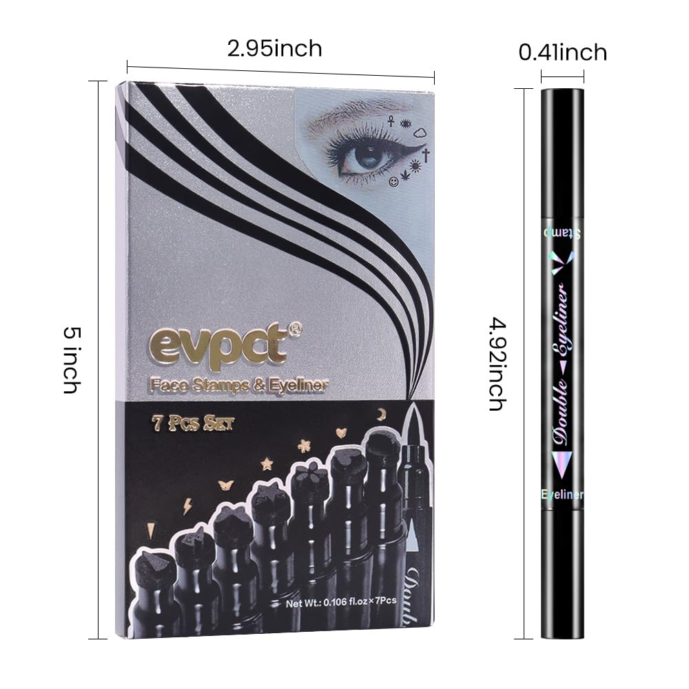 evpct 7Pcs Colored liquid Eye Liners Face Stamp Cosplay Gothic Makeup Set Kit for Beginners, Black Brown Purple Blue Red Pink Green Star Flowers Heart Moon Triangle Lightning Butterfly Stamps Eyeliner
