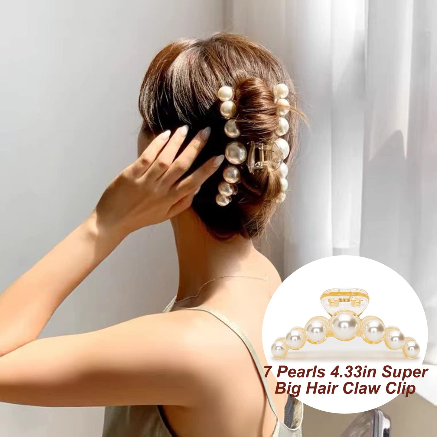 Agirlvct Big Hair Claw Clip,4.33 inch for Women,7 Pearls Barrettes Birthday Gift for Girls Daughter Girlfriend Thick Curly Hair Strong Hold Nonslip(3 Pcs)