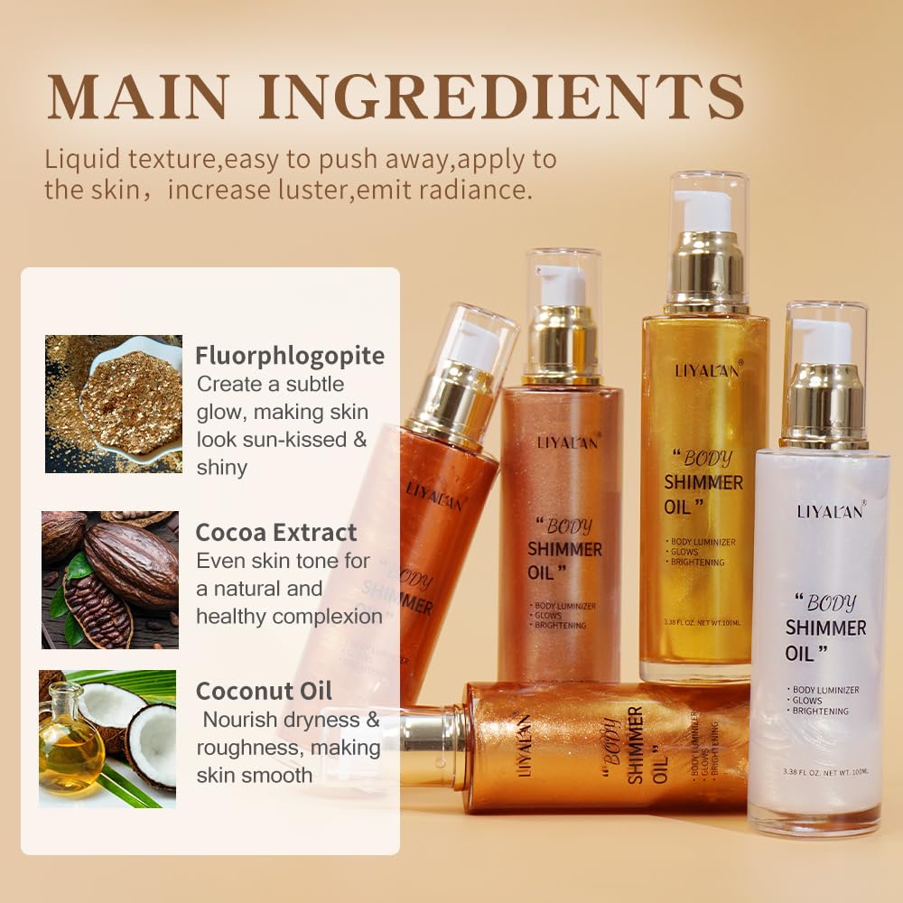 Liyalan Shimmer Body Oil Golden Brown 5 Color Bronze Face Glow Pearl Highlighter Illuminator Body Makeup Shine Glitter Gold Liquid Taning 3.38 Fl Oz