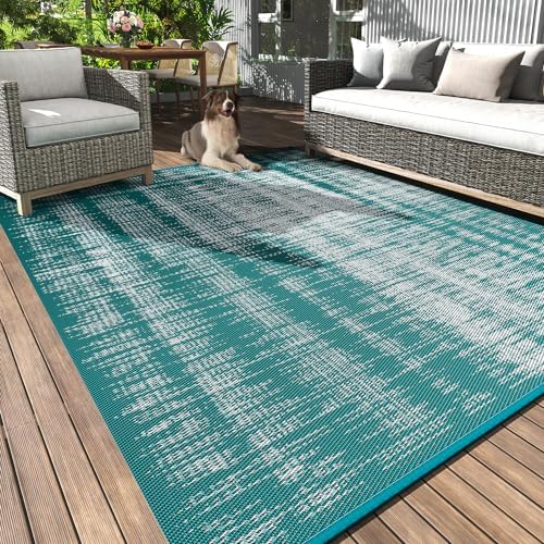 MontVoo Outdoor Rug Waterproof 5x8 ft Outdoor Carpet Patio Rug Mat Reversible RV Camping Rug Plastic Straw Outside Rug for Balcony Porch Deck Picnic Beach Modern Teal