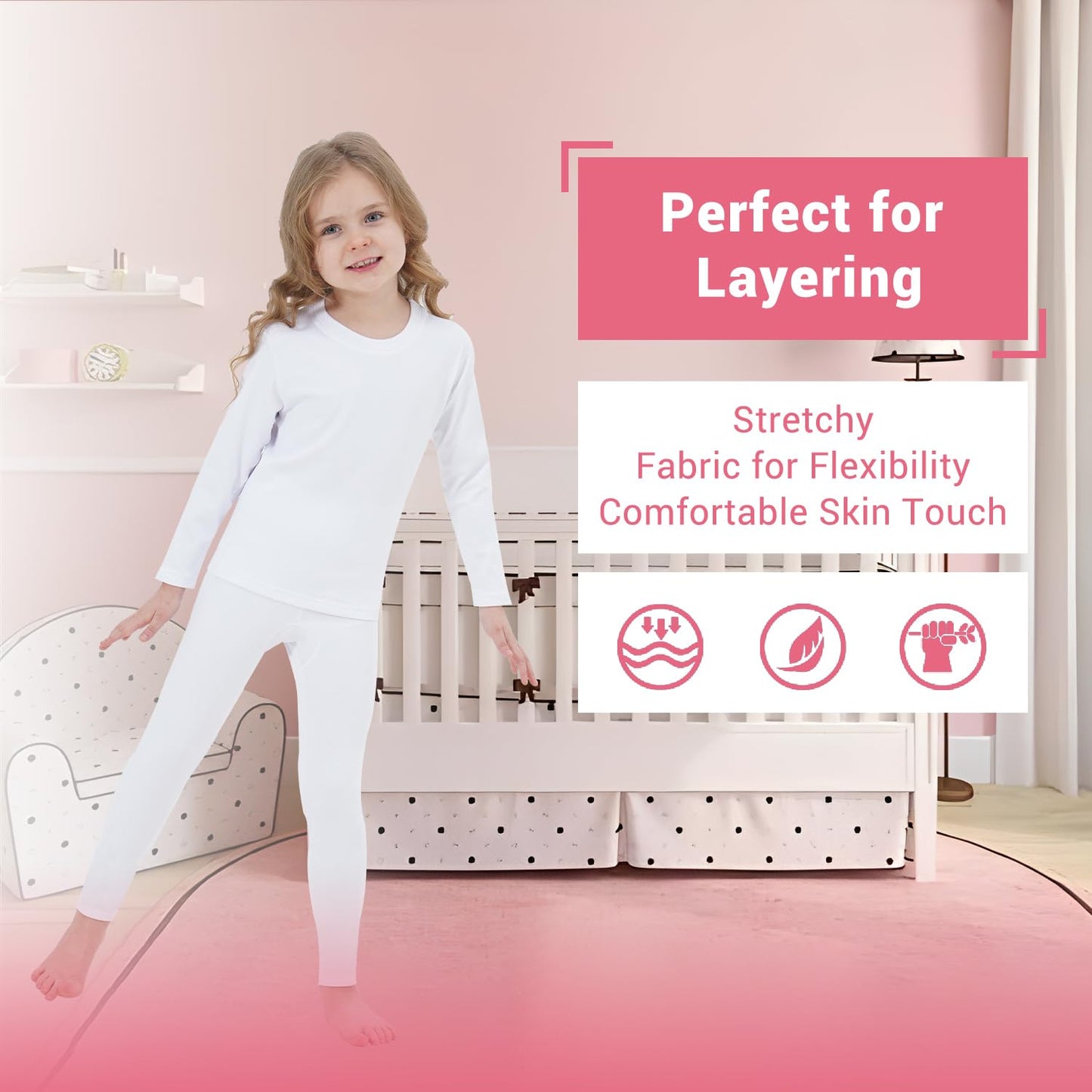 PISIQI Girls Thermal Underwear Set Ultra Soft Long Underwear for Kids Fleece Lined Winter Warm Base Layer Kids Long Johns Set White